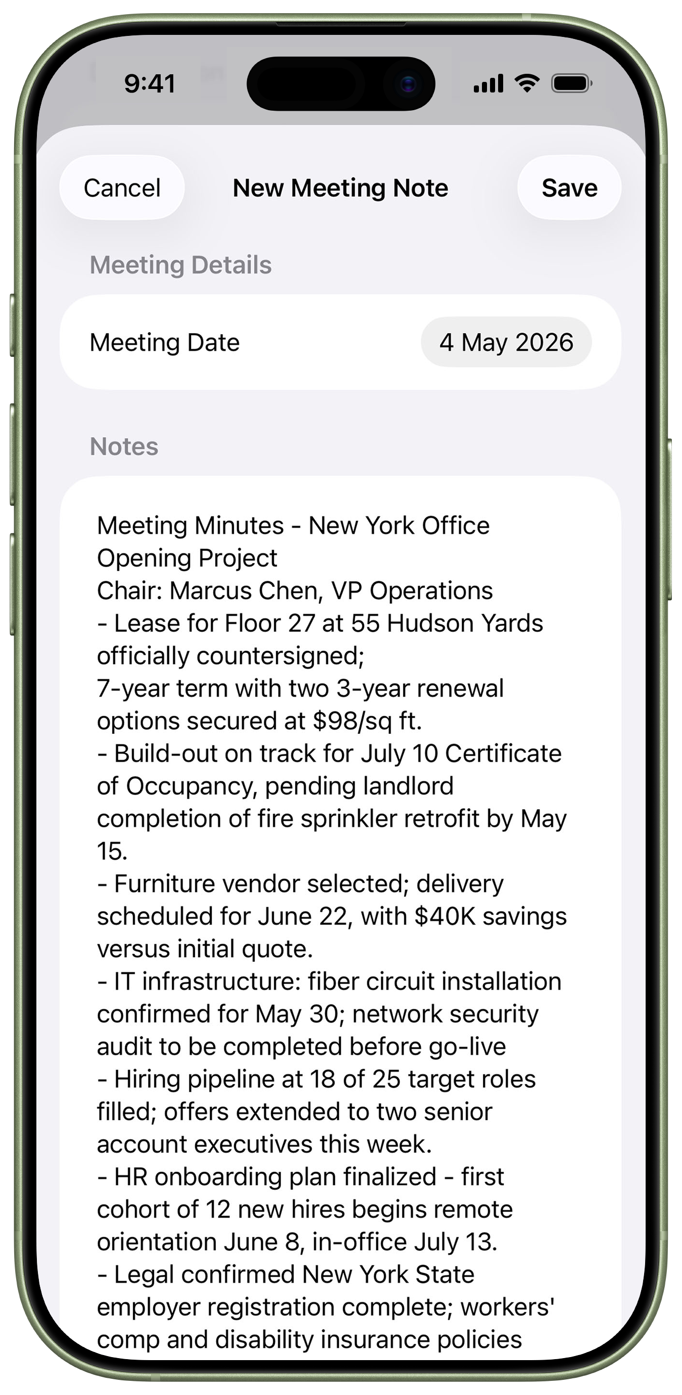 Meeting note on iPhone 17 Green