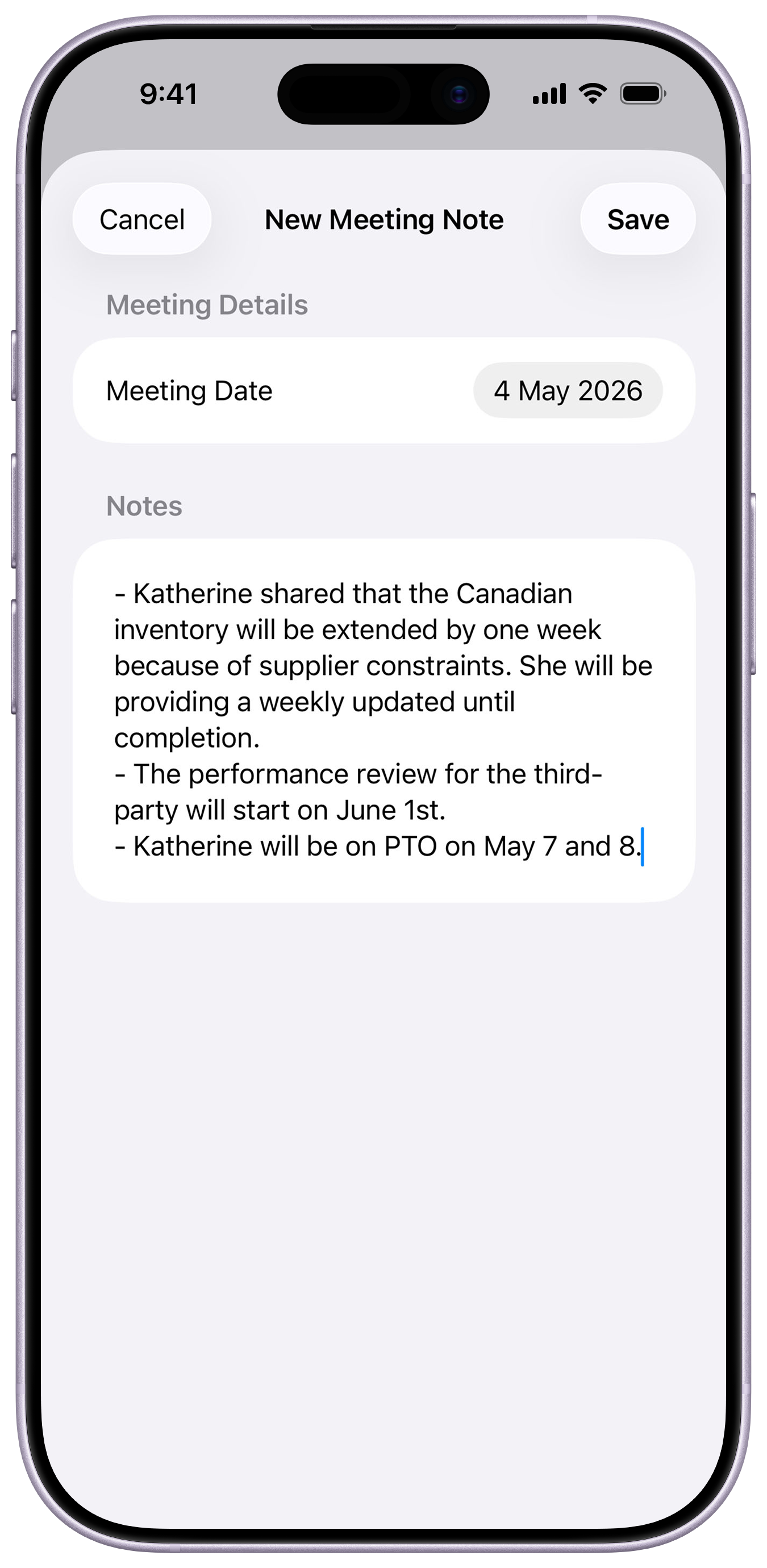 Katherine meeting notes on iPhone 17 Lavender