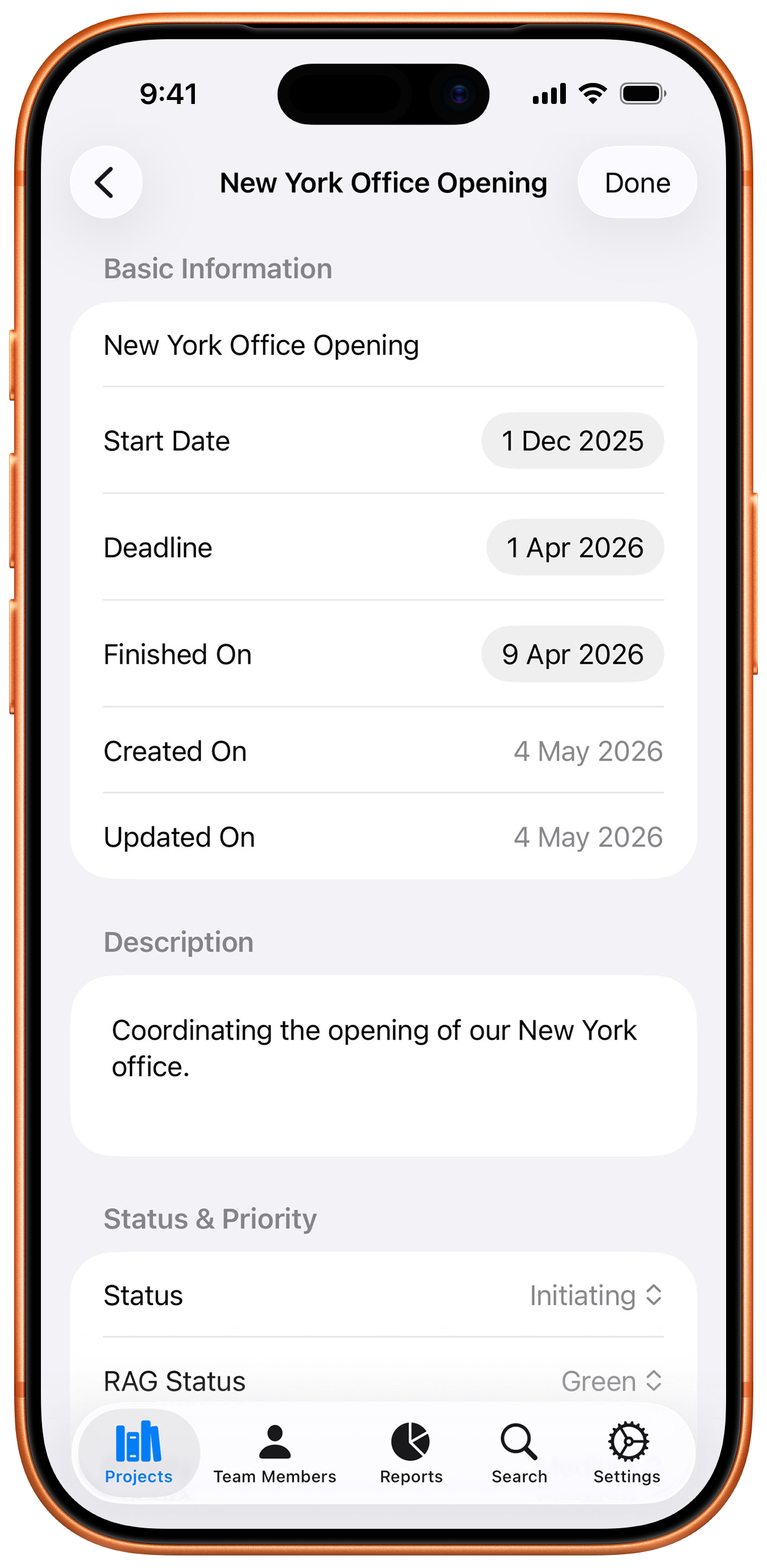 Project detail on iPhone 17 Pro Orange